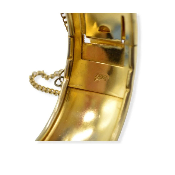 Pegasus Coro Striped Etched Gold Tone Hinged Wide Cuff Bangle Bracelet Mid Cent - Picture 4 of 4